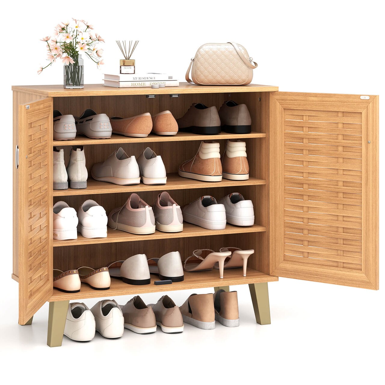 Costway 2-Door Shoe Cabinet with Ventilated Woven Doors & 3 Removable Shelves for Entryway